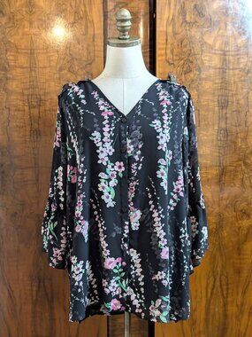 Belle by Kim Gravel Floral Vine Blouse Size XL Black Chiffon Button Front Boho